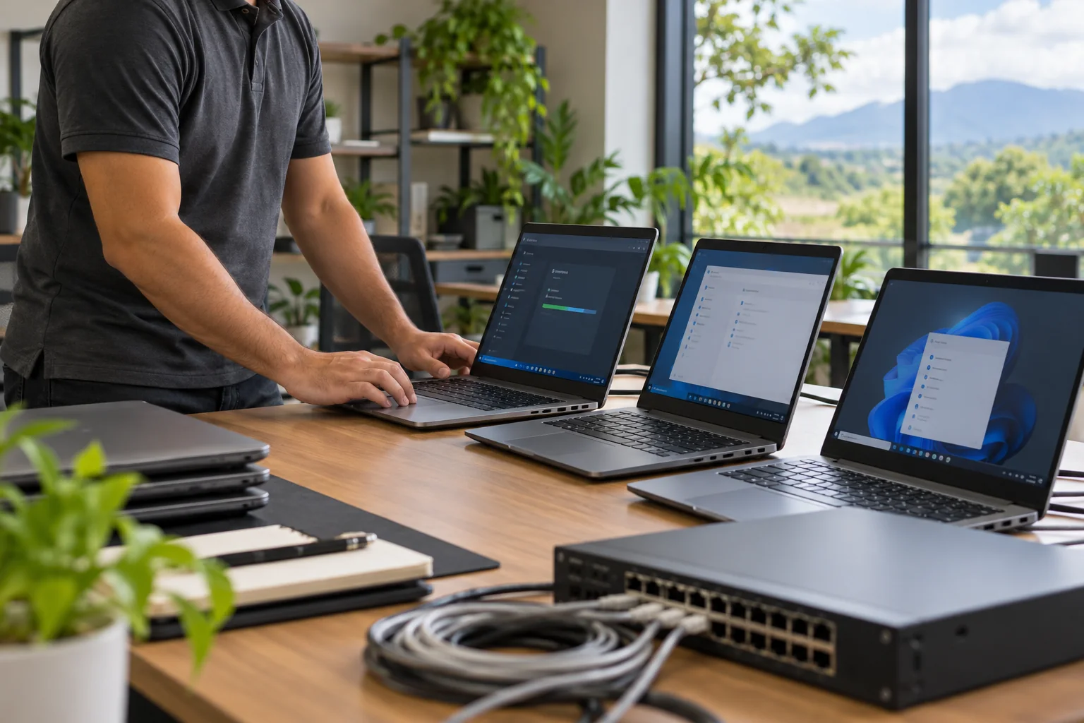 Imagen ilustrativa de soporte técnico y preparación de una flotilla de laptops en una oficina